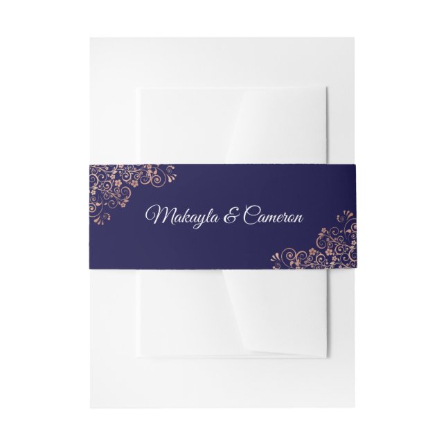 Rose Gold Frills & Navy Elegant Wedding Invitation Belly Band (Front Example)