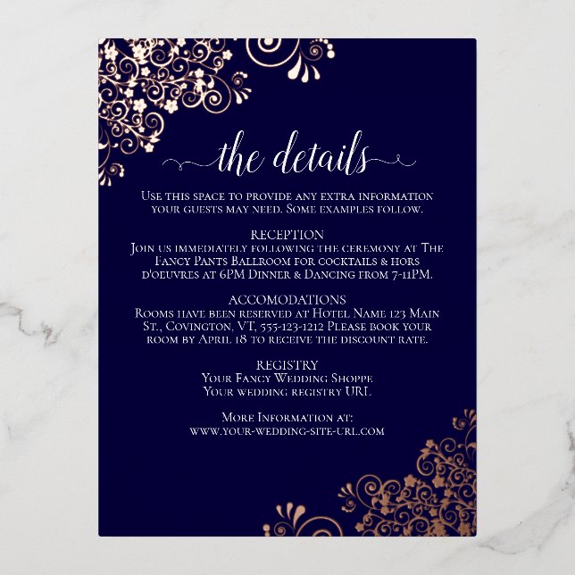 Rose Gold Frills on Navy Elegant Wedding Details Foil Invitation Postcard (Front)