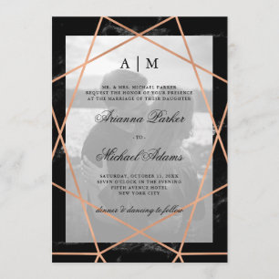 Rose Gold Geometric Black Marble Photo Wedding Invitation