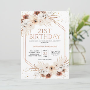 Rose Gold Geometric Boho Floral 21st Birthday Invitation