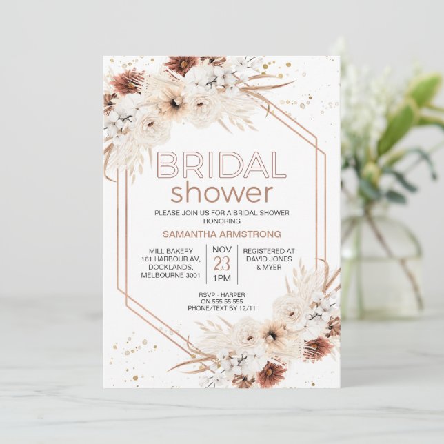 Rose Gold Geometric Boho Floral Bridal Shower Invitation (Standing Front)