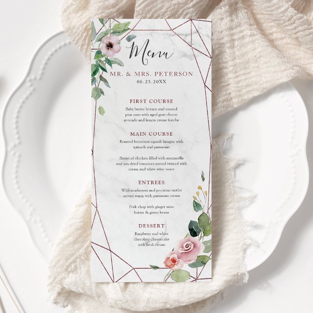 Rose Gold Geometric Boho Floral Watercolor Wedding Menu (Creator Uploaded)