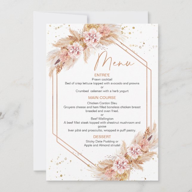 Rose Gold Geometric Boho Pampas Bridal Shower Menu Invitation (Front)