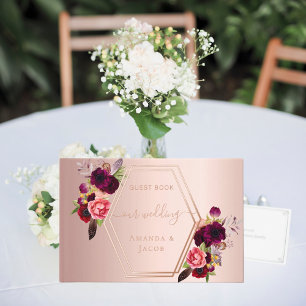 Rose gold geometric burgundy pink florals wedding guest book