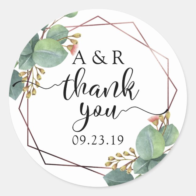 Rose gold geometric eucalyptus thank you classic round sticker (Front)