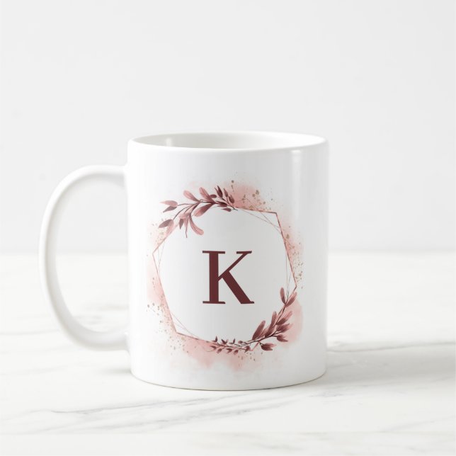Rose Gold Geometric Floral Personalised Monogram Coffee Mug (Left)