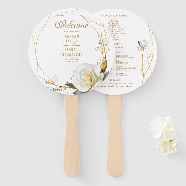 Rose Gold Geometric Floral Wedding Hand Fan (Front and Back)