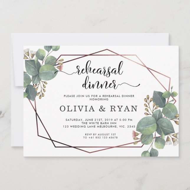 Rose gold geometric frame eucalyptus invitation (Front)