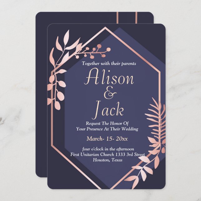 Rose gold geometric frame  navy blue wedding invitation (Front/Back)