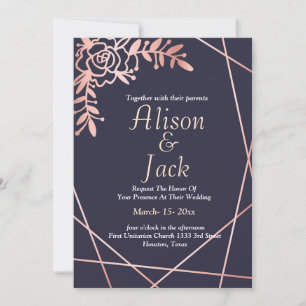 Rose gold geometric frame navy blue wedding invitation