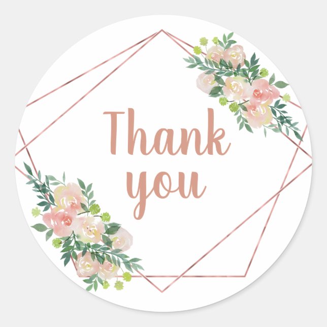 rose gold geometric frames and flowers thank you classic round sticker (Front)