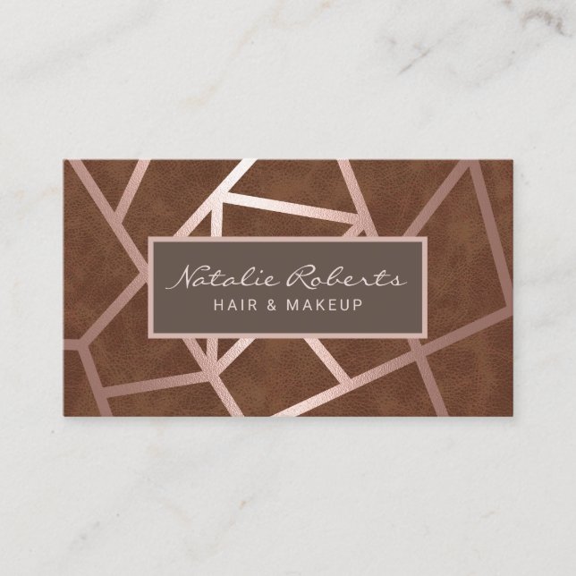 Rose Gold Geometric Hair Stylist Salon Leather Business Card (Front)