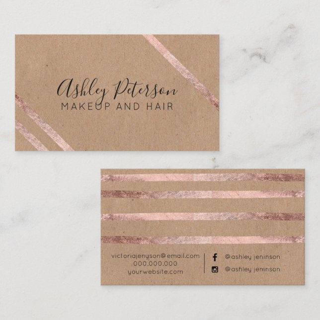 Rose gold geometric kraft hair makeup typography business card (Front/Back)