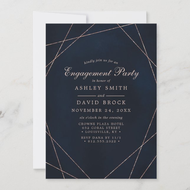 Rose Gold Geometric Midnight Blue Engagement Party Invitation (Front)