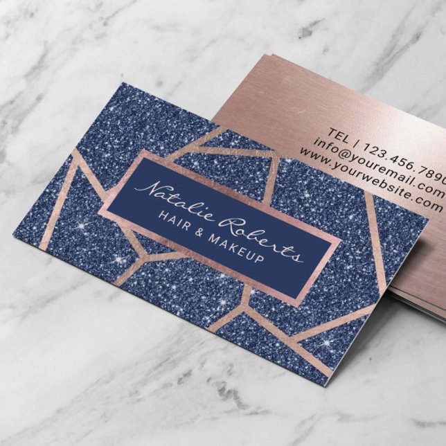 Rose Gold Geometric Navy Blue Glitter Beauty Salon Business Card (Creator Uploaded)