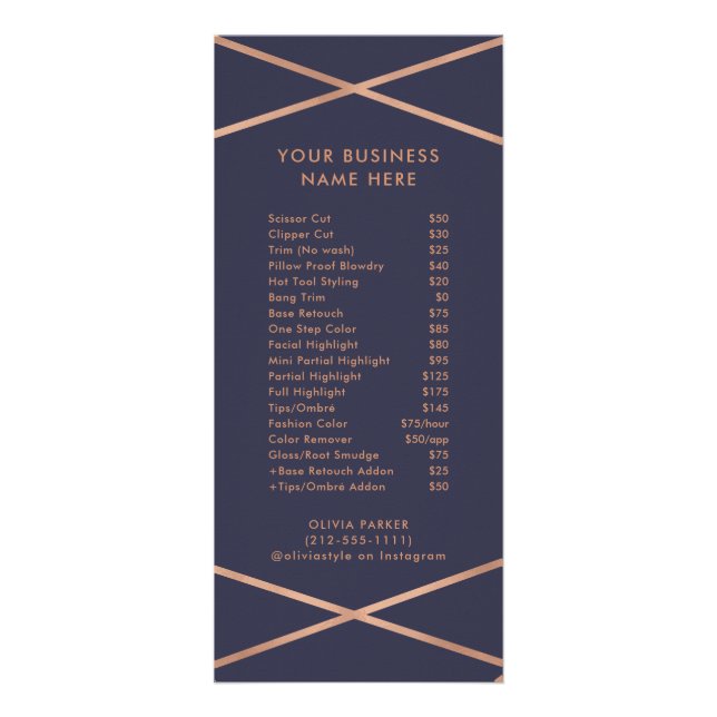 Rose Gold Geometric on Midnight Blue | Price List Rack Card (Front)
