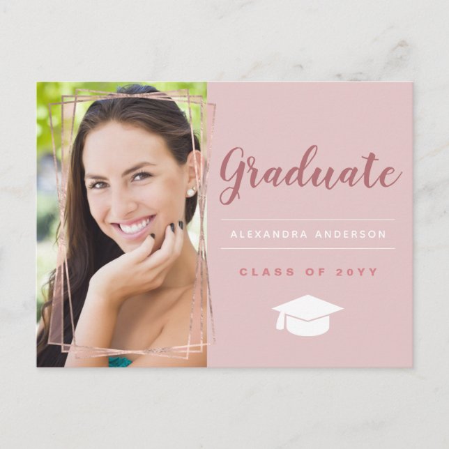 Rose Gold Geometric Photo Graduation Announcement Postcard (Front)