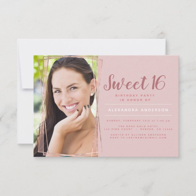 Rose Gold Geometric Photo Sweet 16 Birthday Invitation (Front)