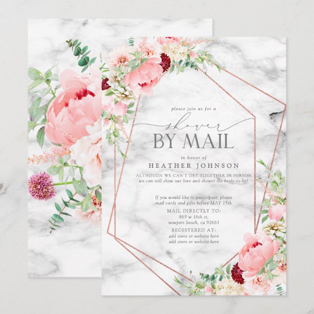 Rose Gold Geometric Pink Floral Bridal Shower Mail Invitation (Front/Back)