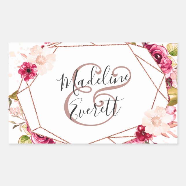 Rose Gold Geometric Terrarium Monogram Wedding Rectangular Sticker (Front)