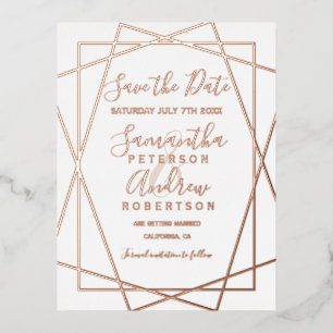 Rose gold geometric white script save the date foil invitation postcard