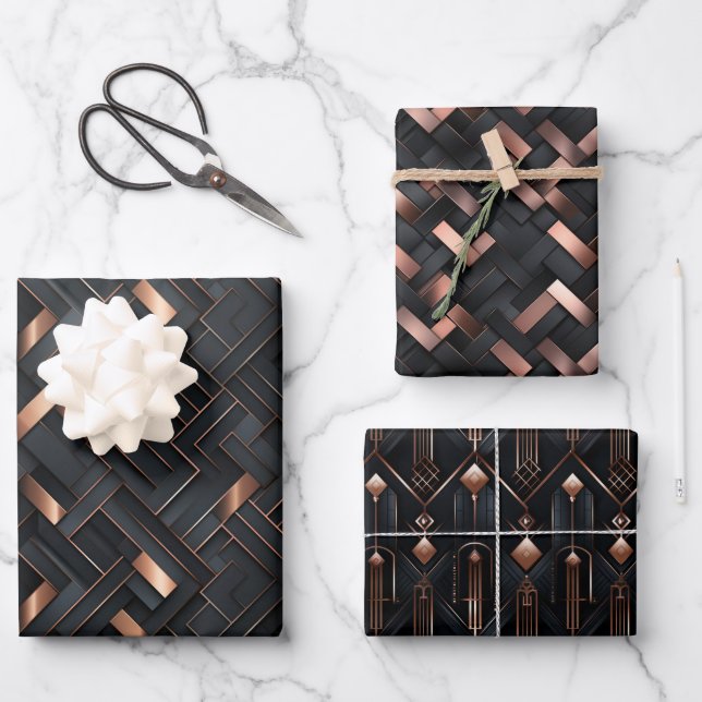 Rose Gold Geometrics on Matte Black Design Wrapping Paper Sheet (Front)