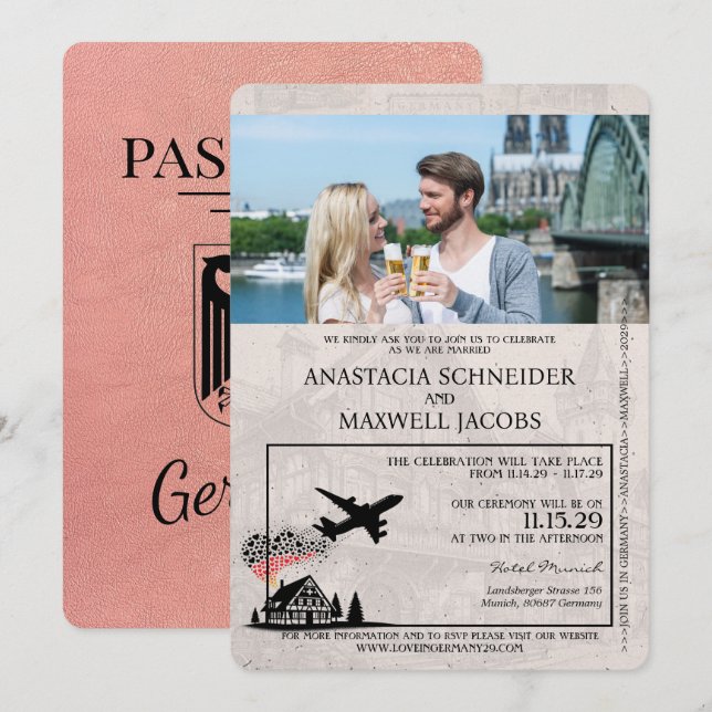 Rose Gold Germany Passport Wedding Invitation (Front/Back)