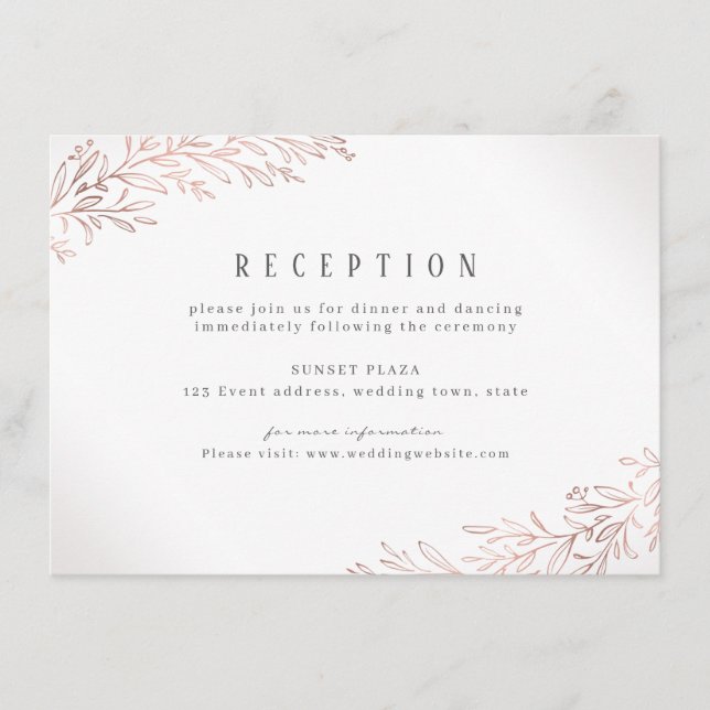 Rose gold gilded botanical wedding reception enclosure card (Front)