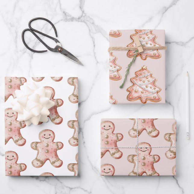 Rose Gold Gingerbread Cookie Christmas Trees Wrapping Paper Sheet (Front)