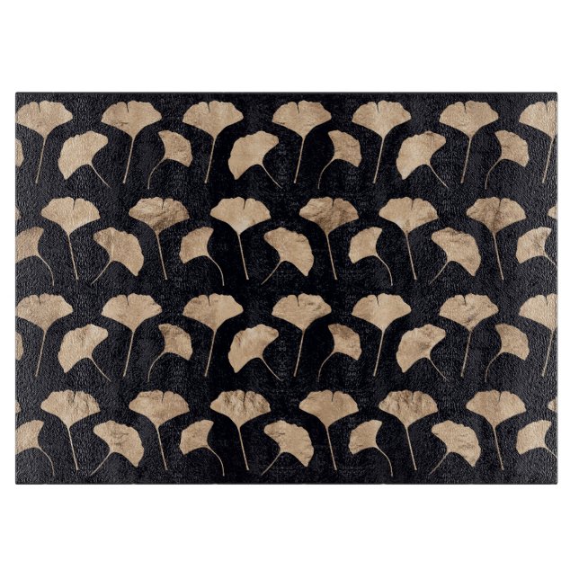 Rose gold ginko leaves black background cutting board (Front)