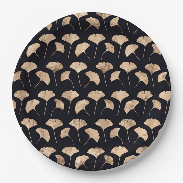 Rose gold ginko leaves black background paper plate (Front)