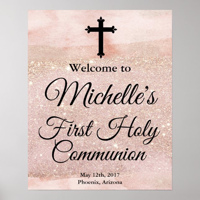 Rose Gold Girl First Holy Communion Welcome Sign (Front)