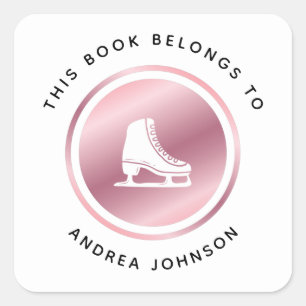 Rose Gold Girl's Figure Ice Skating Bookplate Square Sticker