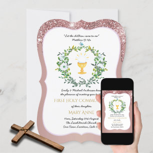 Rose Gold Girls Floral First Holy Communion Invita Invitation