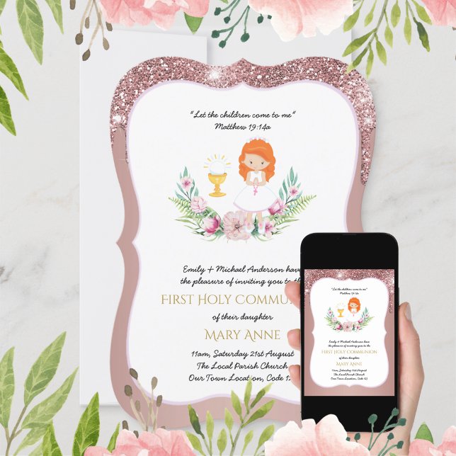 Rose Gold Girls Floral First Holy Communion Invitation (Creator Uploaded)