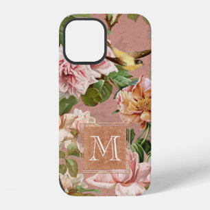 Rose Gold Girly Floral Dusty Pink Sparkle Monogram iPhone 12 Case