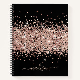Rose Gold Girly Glitter Blush Pink Black Monogram Notebook