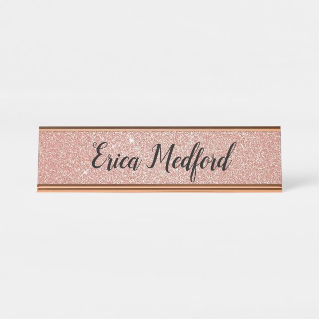 Rose Gold Girly Glitter Blush Pink Desk Sign (Front)