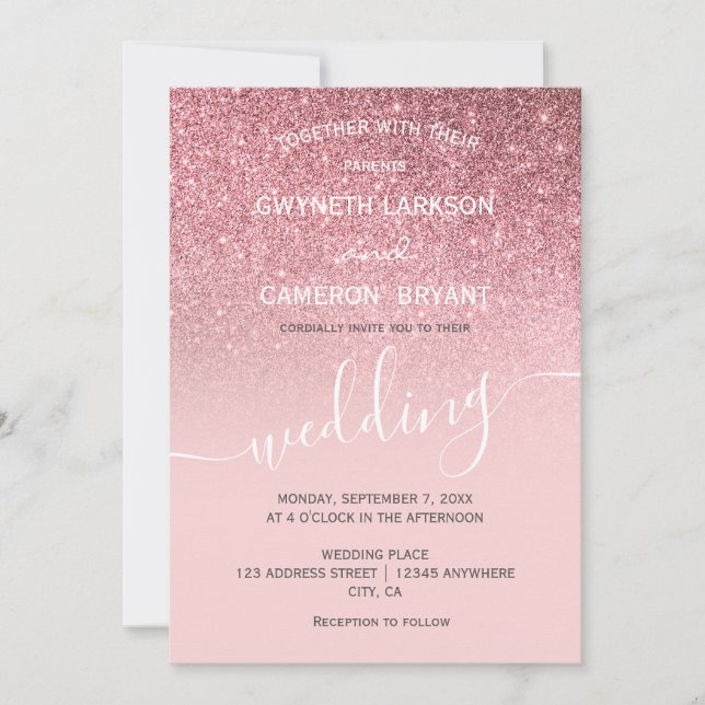 Rose gold girly glitter modern script invitation (Front)