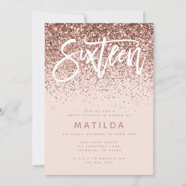 Rose gold girly glitter modern sweet 16 birthday (Front)