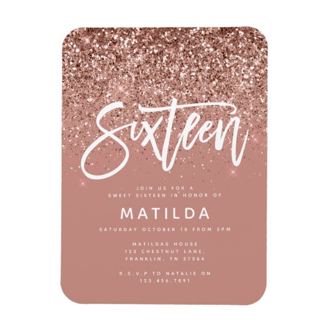 Rose gold girly glitter modern sweet 16 birthday magnet (Vertical)