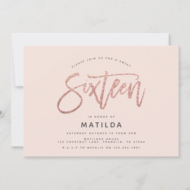 Rose gold girly glitter photo sweet 16 birthday (Front)