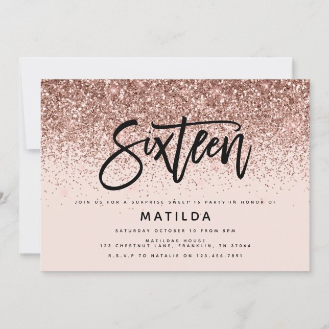 Rose gold girly glitter surprise sweet 16 birthday (Front)