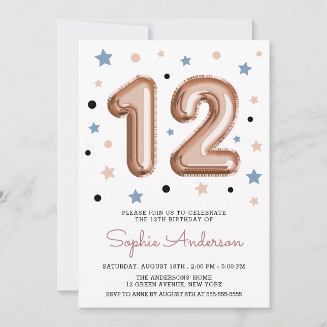 Rose Gold Girly Modern Balloon 12th Birthday Party Invitation (Front)