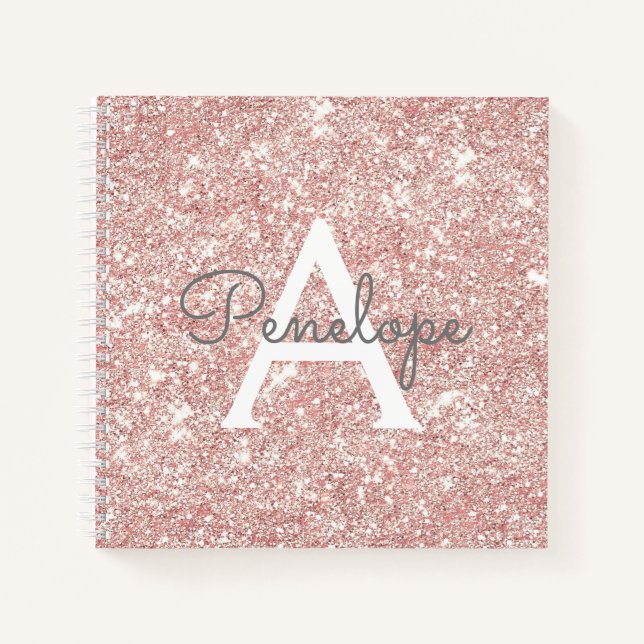 Rose Gold Girly Sparkle Monogram Sketchbook Notebook (Front)