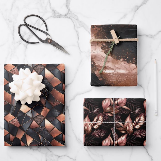 Rose Gold Glam and Black Wrapping Paper Sheet (Front)