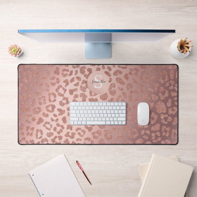 Rose Gold Glam Animal Print Glittery Desk Mat (Office 1)