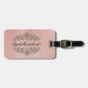 Rose Gold Glam Brushed Metal Monogram Name Script Luggage Tag