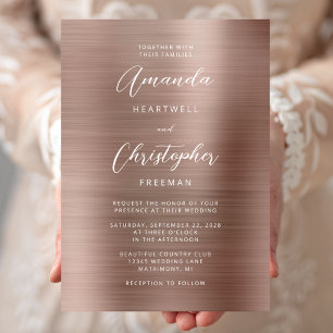 Rose Gold Glam Brushed Metal Wedding Invitation