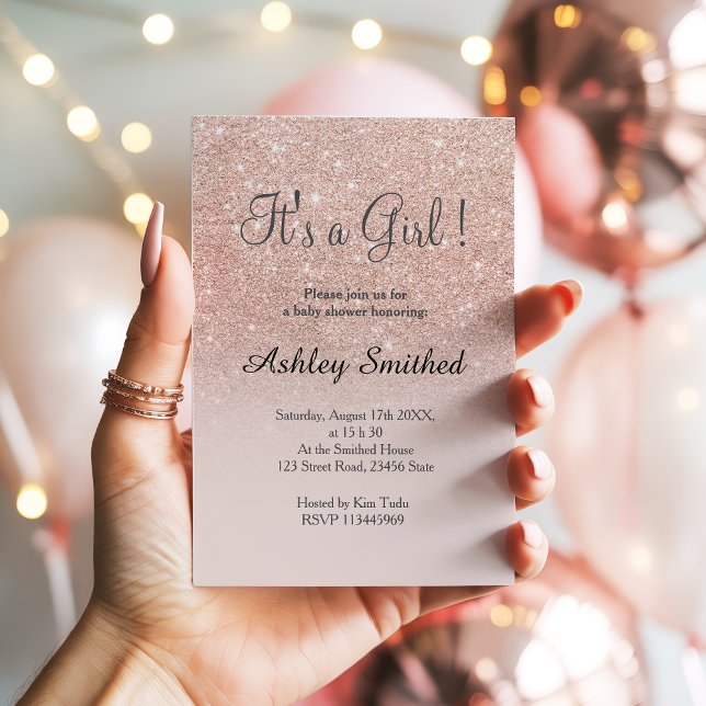 Rose gold glam glitter pink ombre girl baby shower invitation (Rose gold faux glitter pink ombre girl baby shower invitation)